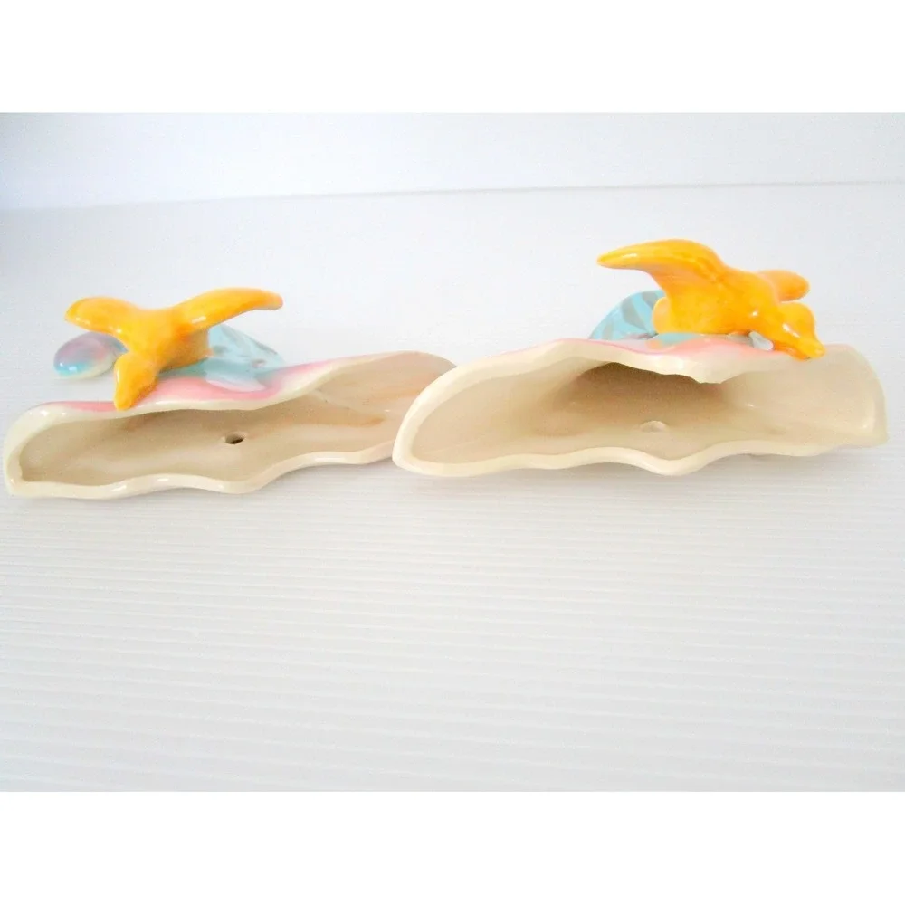 Vintage Mid Century Ceramic Wall Pockets Duck Cattails Blue Yellow Retro Decor